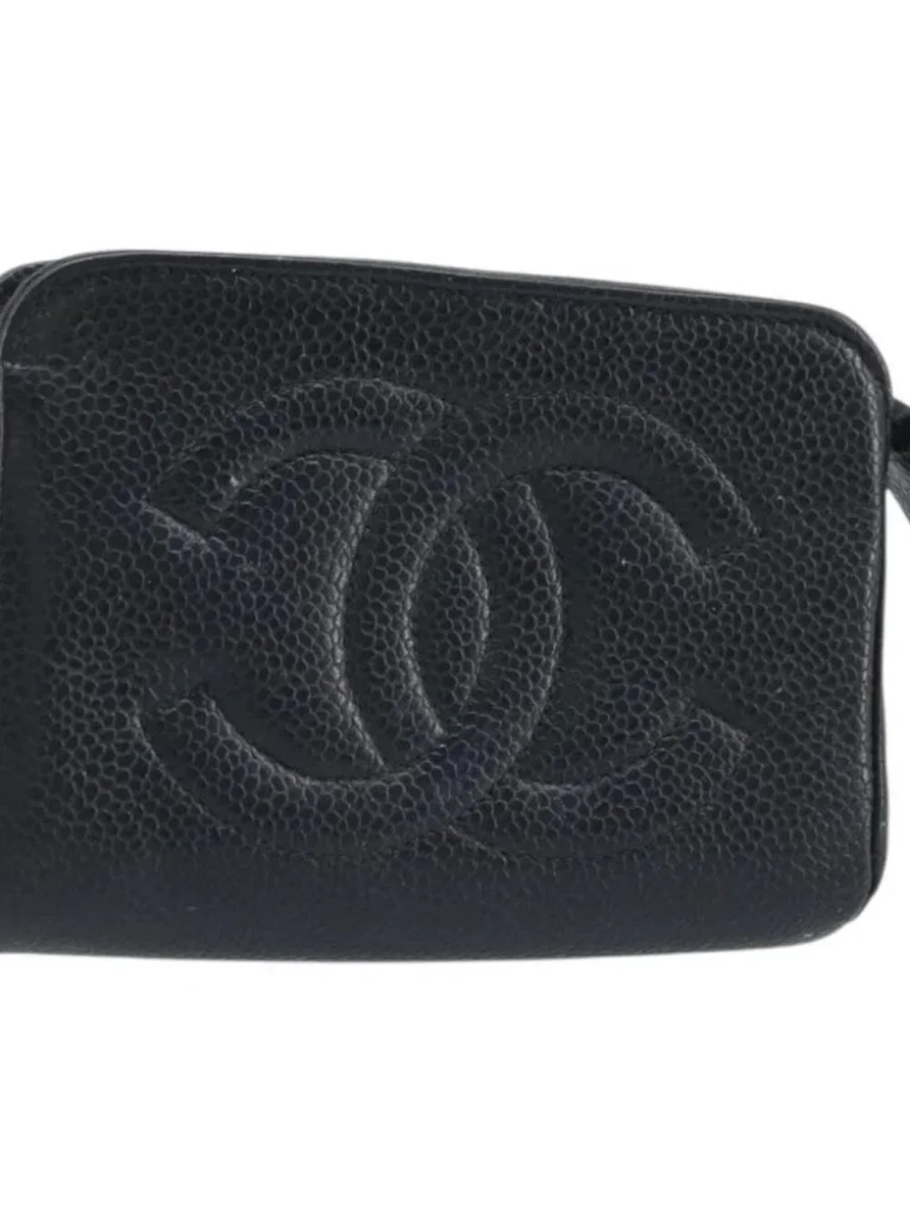 CHANEL COCO Mark Pouch Grained Calf Skin Black Gold CC Auth AMZ108